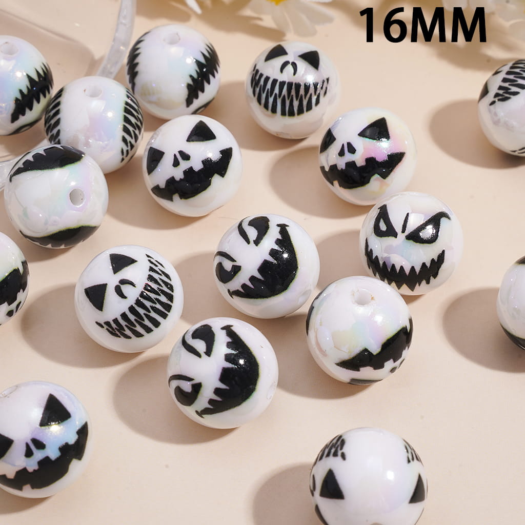 Acrylic Beads for Bracelets UV Coating Halloween Spooky Ghost Face Prints in Various Expression, 16MM, Random Mix