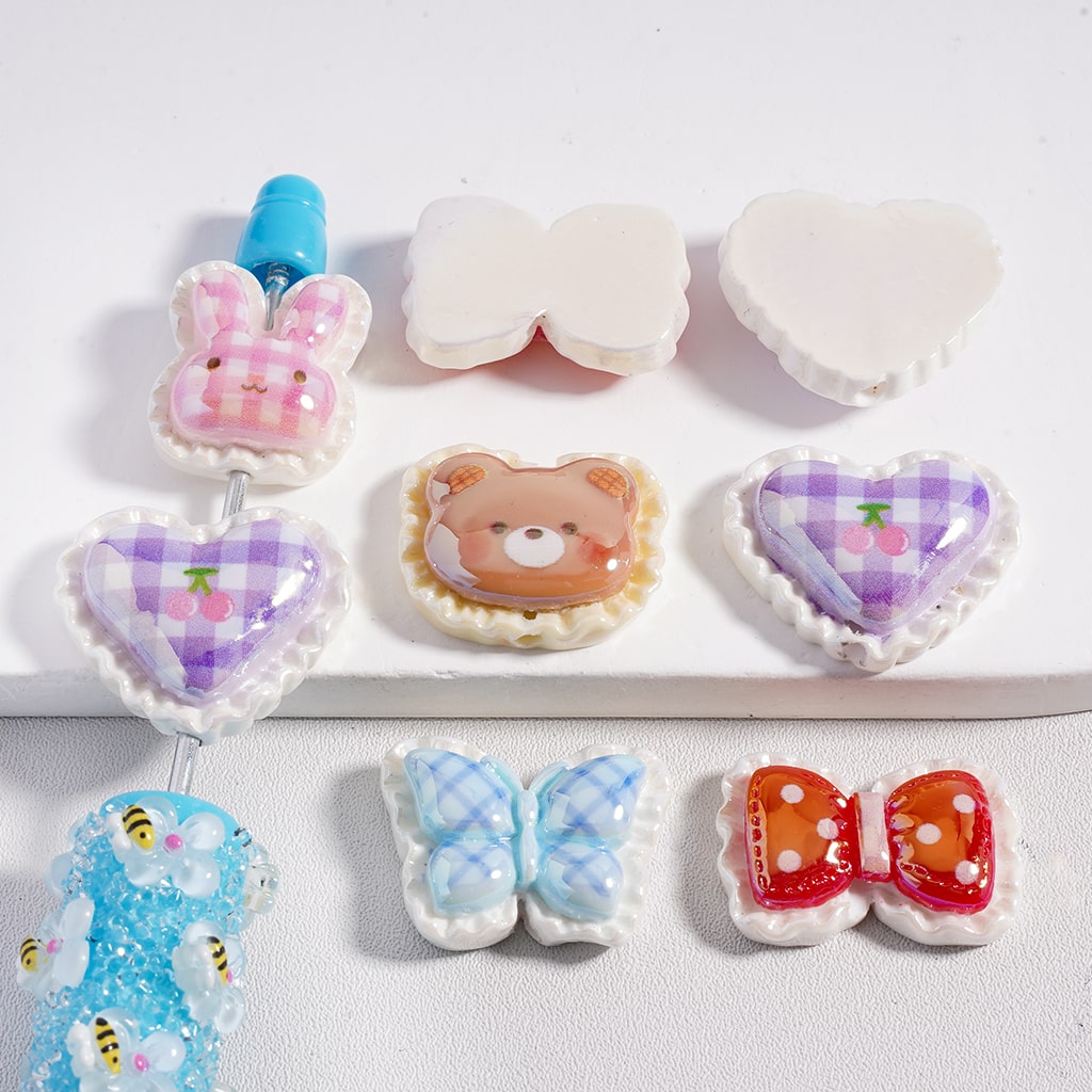 Cute Wavy Sides, Bear Heads, Hearts, Bowknots, Butterfly & Bunny Shapes Random Mix Mixed Shape Flat Back Acrylic Beads Random Mix