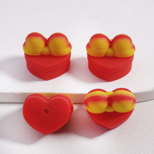 3D Cute Red Heart Shape Love Gift Box with Bowknot Valentine's Day Silicone Focal Beads Random Mix