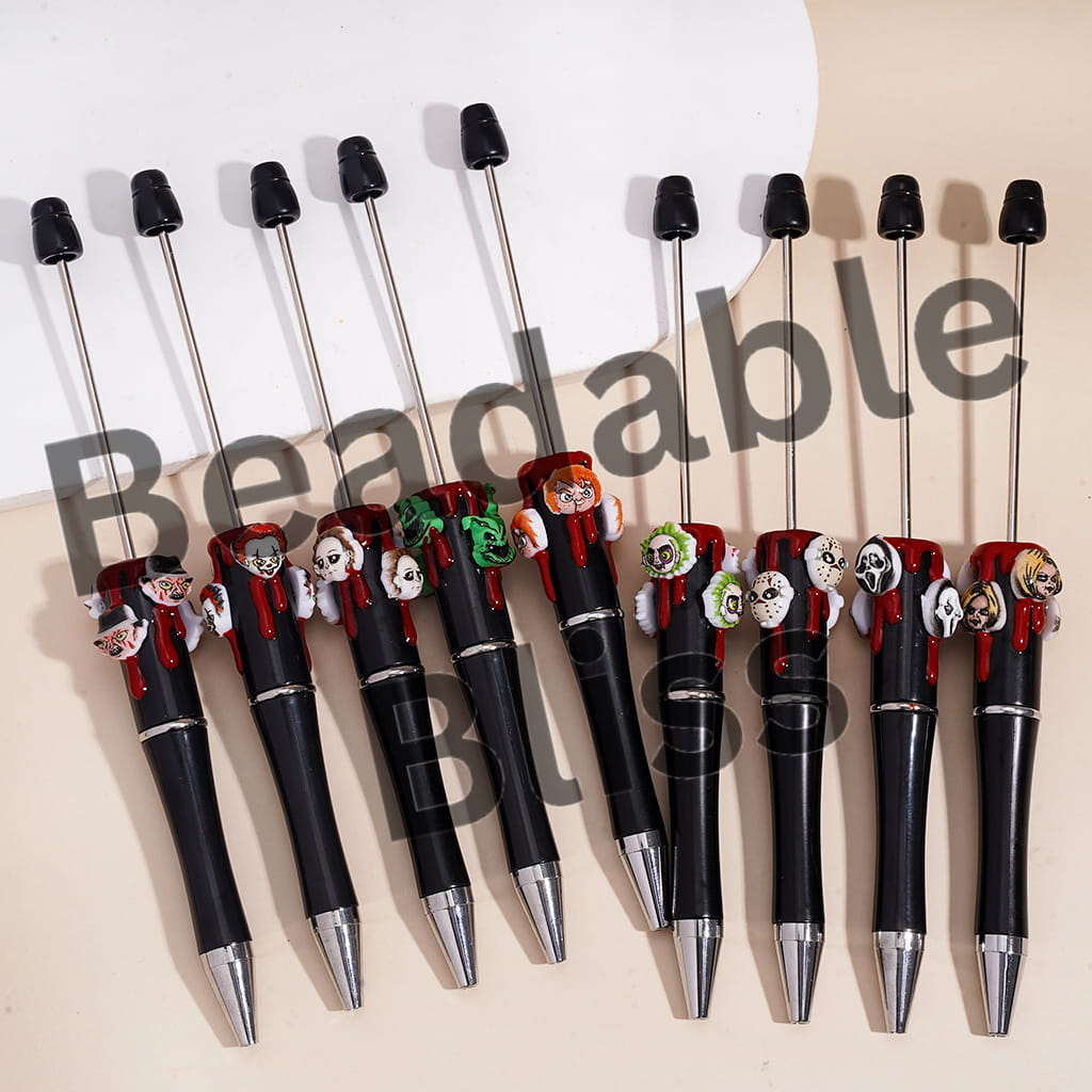 Handcrafted Beadable Pens with Halloween Head-Parts Horror Character Series and Red Liquid Prints