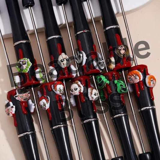 Handcrafted Beadable Pens with Halloween Head-Parts Horror Character Series and Red Liquid Prints