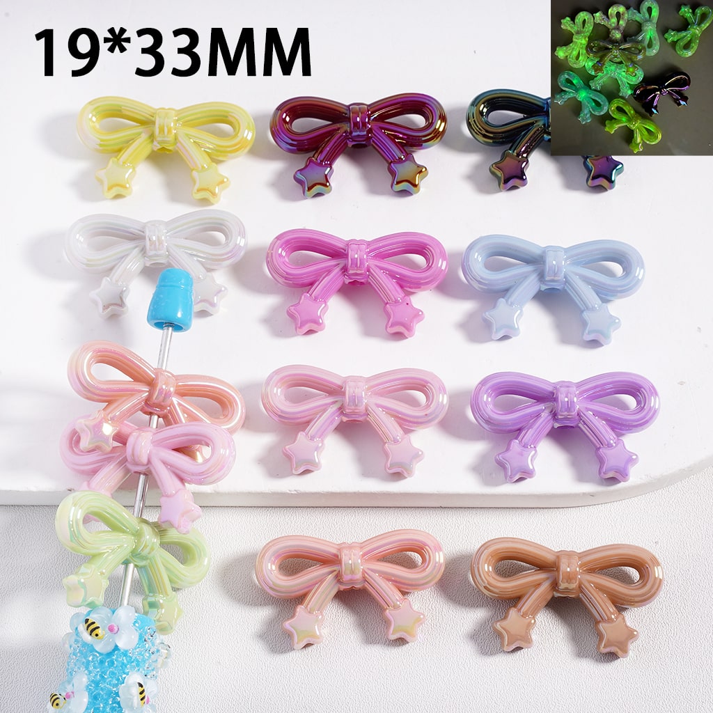 UV Coated Luminous Cute Bowknot with Mini Star Charms Acrylic Beads 19*33MM, Random Mix