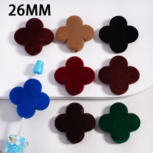 Flocked Fluffy Four Leaf Clover & Flower Dark Colors Acrylic Beads 26MM, Random Mix