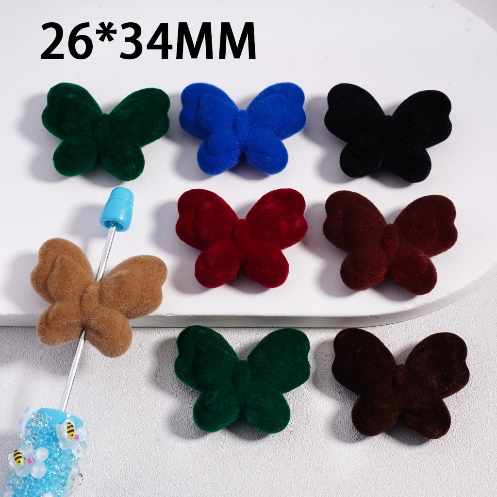 Flocked Fluffy Double Layer Dark Colors Cute Butterflies Acrylic Beads 26*34MM, Random Mix