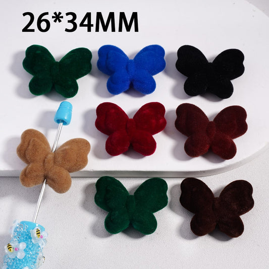Flocked Fluffy Double Layer Dark Colors Cute Butterflies Acrylic Beads 26*34MM, Random Mix