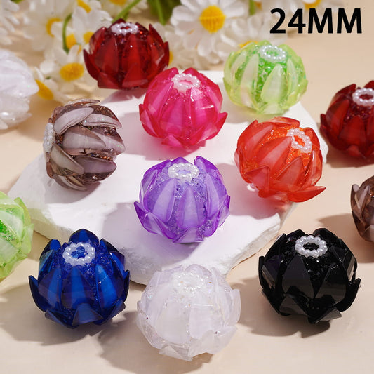 Handmade Blooming Adorable Lotus Flower Sugar Acrylic Beads Water Drop Petals Rhinestones and White Pearl Chains in Soft Rubber Process, 24MM, Multi-Color