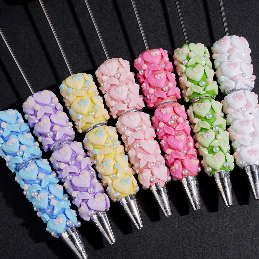 Fishtail and Heart with Bowtie Text "Love" Beadable Clay Pens, White Pearl, Multi-Color