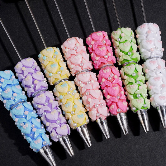 Fishtail Love Heart Candy with "Love" Text, Bow & White Pearl Beadable Clay Pens, Pastel Colors, Random Mix