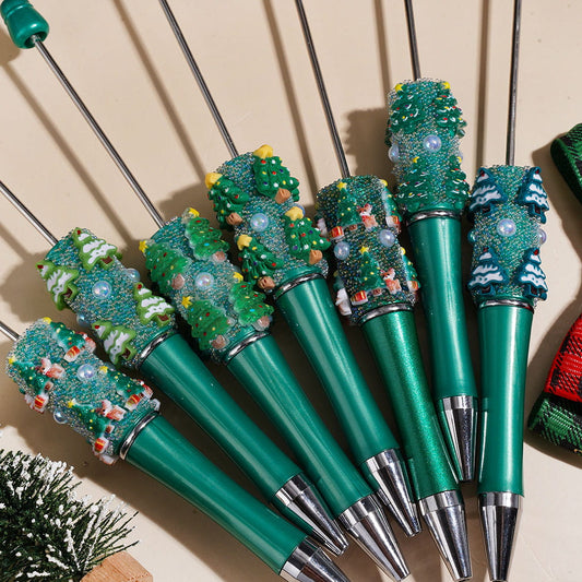 Christmas Tree, Snowy Pine Tree & Gingerbread House Green Beadable Clay Pens with White Pearls & AB Rhinestones, Random Mix