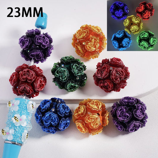 Luminous Glitter Mini Heart Shape Flowers with AB Rhinestones Round Clay Beads 23MM