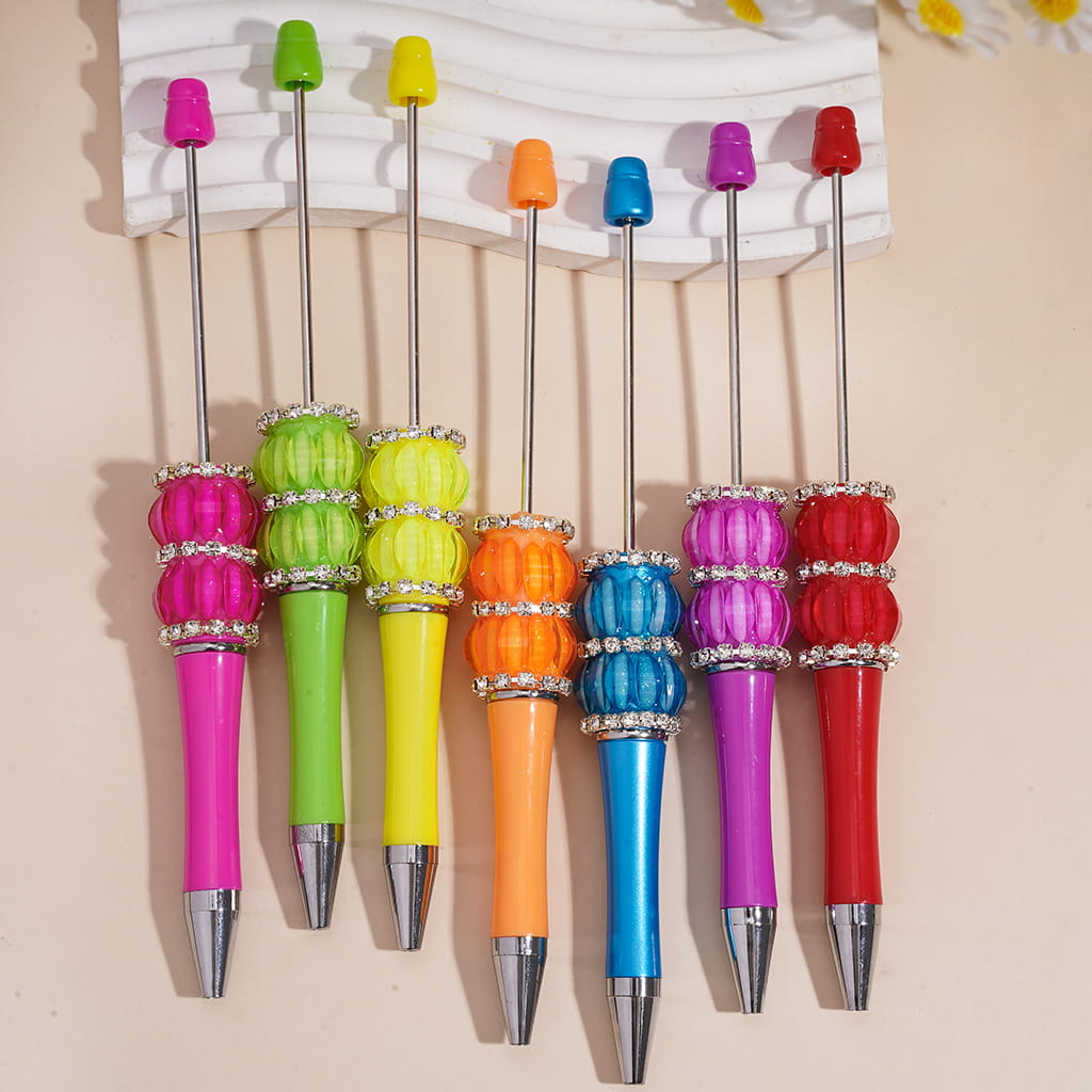 Handcrafted Beadable Pens with Double Layers Leaf Rhinestones and Clear Rhinestone Chains, Neon Colors