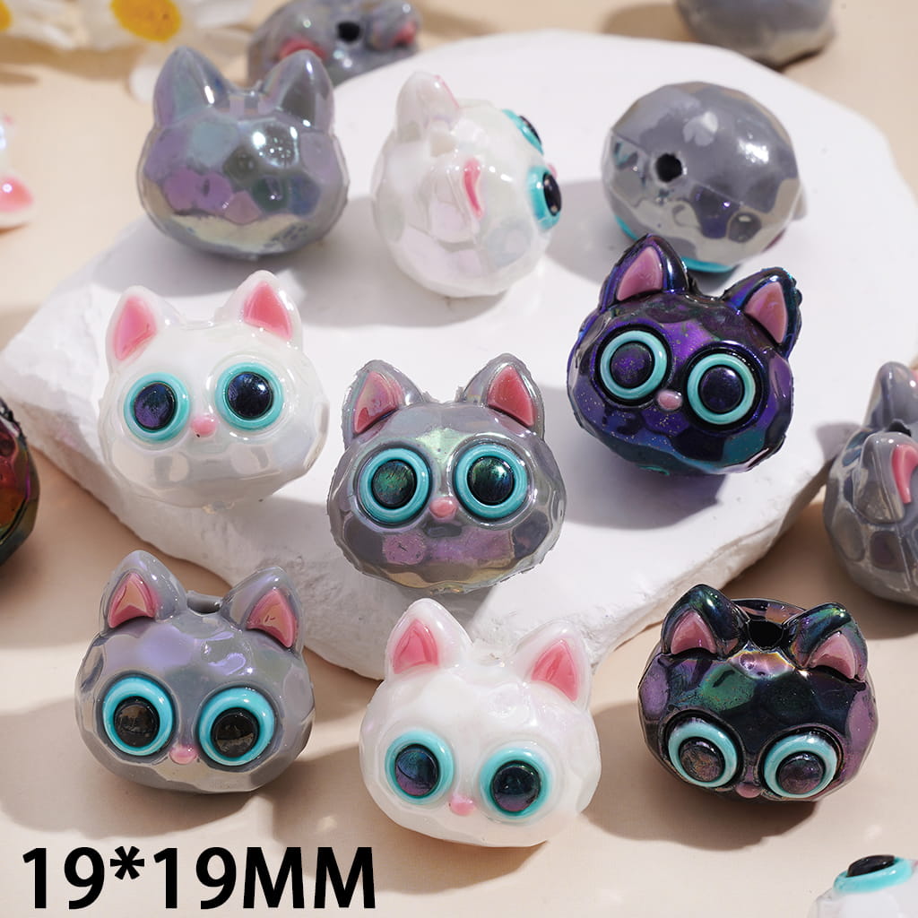 Soft PVC Rubber Beads UV Coating Cute Kitten Head with Big Eyes, 19*19MM, Multi-Color