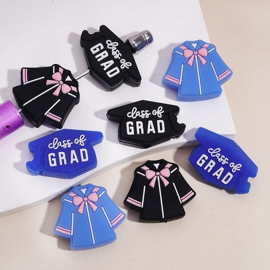 Graduation Season Theme Cap with White Text "lass of GRAD" & Academic Dress & Pink Bowtie Silicone Focal Beads