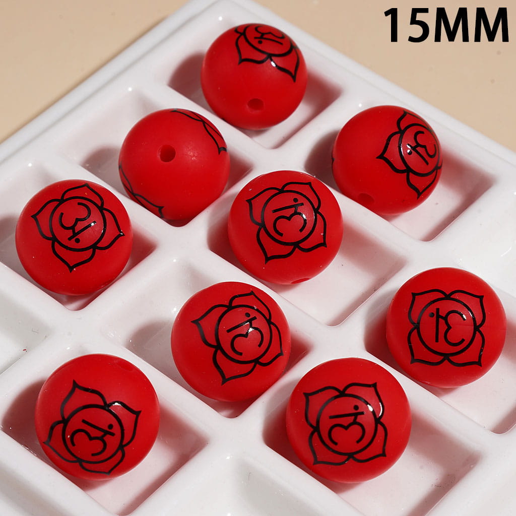 15MM - The Seven Chakra Lotus-Shaped Indian Yoga Printed Silicone Beads, Multi-Color