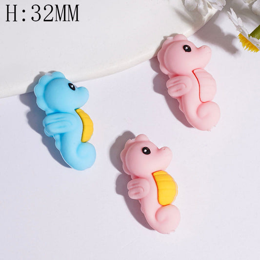 3D Cute Pink & Blue Logy Sea Horse with Wings Marine Animal Silicone Focal Bead, Hight 32MM, Random Mix