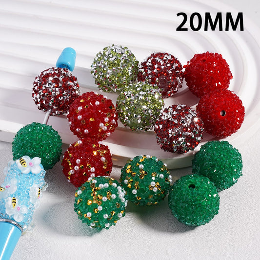 Christmas Series Red & Green Cone Shape Sugar Acrylic Beads with Rhinestones & White Pearls, 20mm Random mix