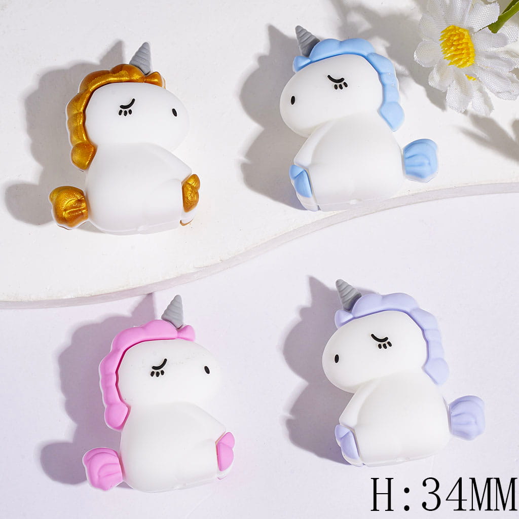 3D Silicone Focal Beads Sleeping Unicorn, Height 34MM Multi-Color