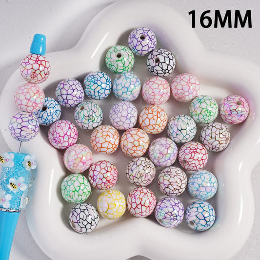 UV Coated Crackle Effect Colorful Printed Round Acrylic Beads 16MM, Random Mix