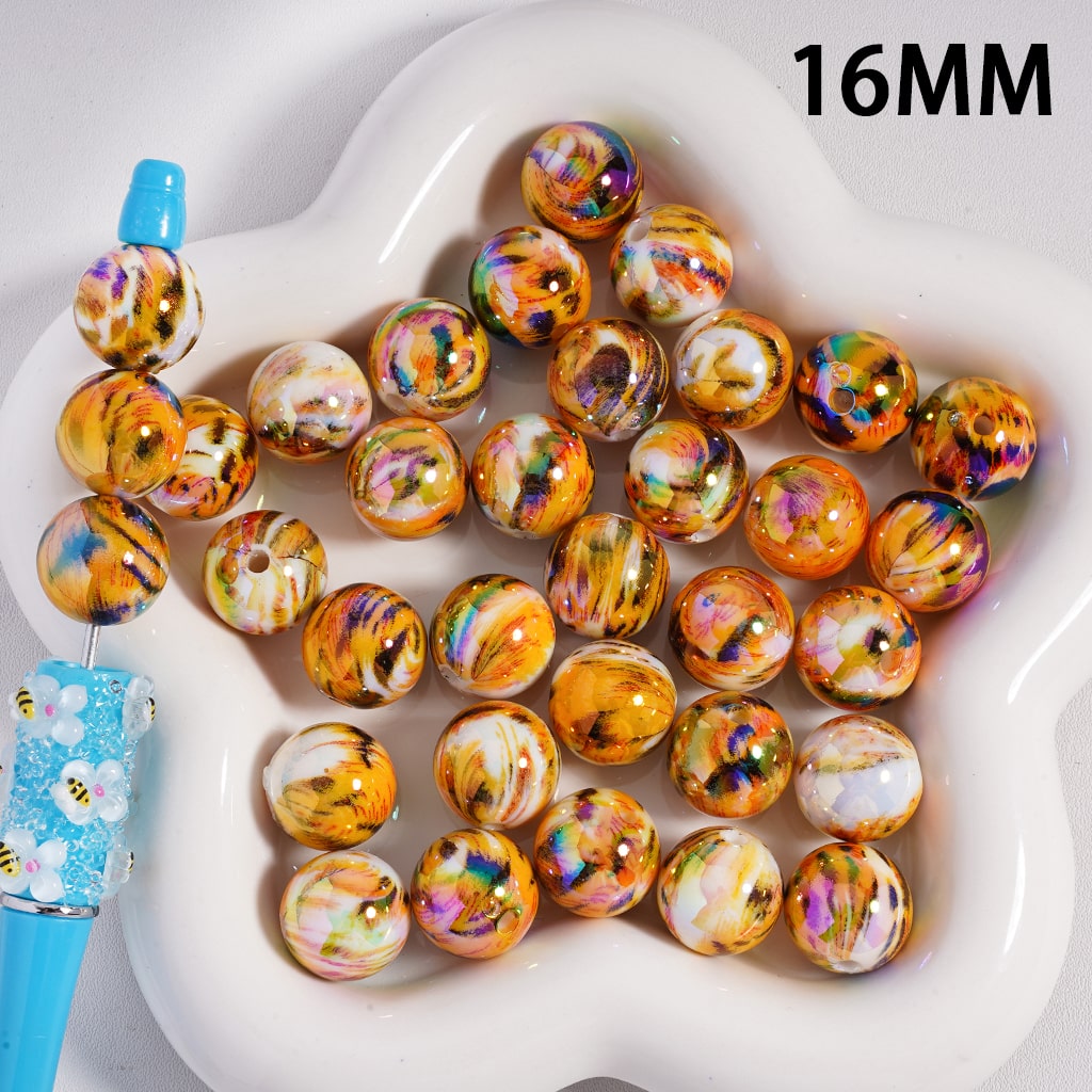 UV Coated Yellow & Black Marble Print Round Acrylic Beads 16MM, Random Mix