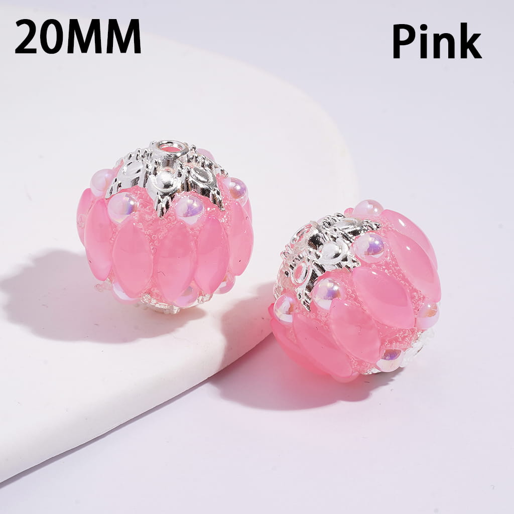 Handmade Acrylic Beads w Silver Alloy Six Pointed Flower on Both Base Sides, w Salix Leaf Rhinestones and Half-Shell Pearls, Candy Colors, 20MM