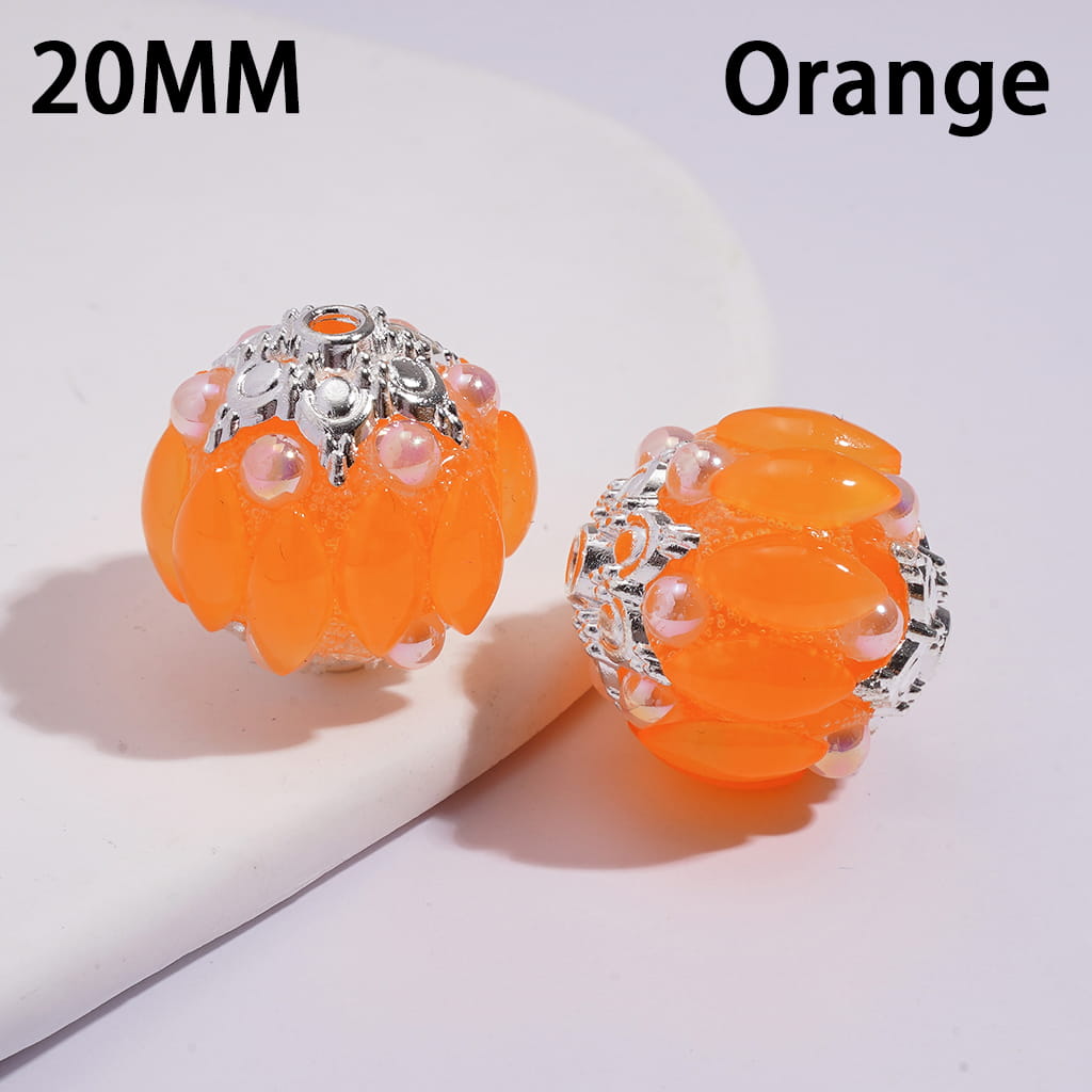 Handmade Acrylic Beads w Silver Alloy Six Pointed Flower on Both Base Sides, w Salix Leaf Rhinestones and Half-Shell Pearls, Candy Colors, 20MM