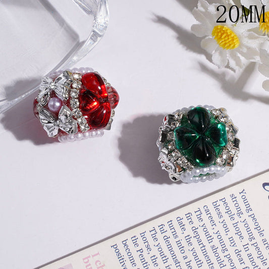 Christmas Red & Green Crystal Flower Rhinestone Handmade Acrylic Beads with White Pearl Trim, Silver Alloy Core, 20MM, Random Mix