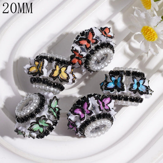 Colorful Black-Edged Butterfly with Black Rhinestones & White Pearl Trim, Handmade Acrylic Beads, Silver Alloy Core, 20MM, Random Mix