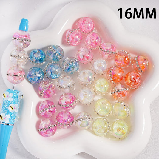 UV Coated Mini Colorful Flakes Inside, Rhinestones & Chains Clear Round Acrylic Beads, 16MM (Single Color is available for 100pcs(Whole Bag) Only)