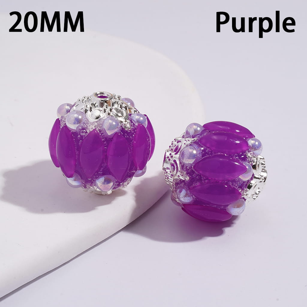 Handmade Acrylic Beads w Silver Alloy Six Pointed Flower on Both Base Sides, w Salix Leaf Rhinestones and Half-Shell Pearls, Candy Colors, 20MM