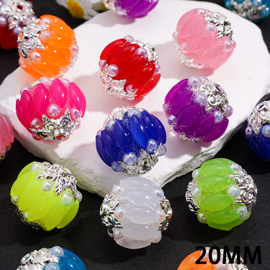 Silver Alloy Six-Pointed Flower, Salix Leaf Rhinestones & Half-Shell Pearls, Candy Colors, Handmade Acrylic Beads 20MM