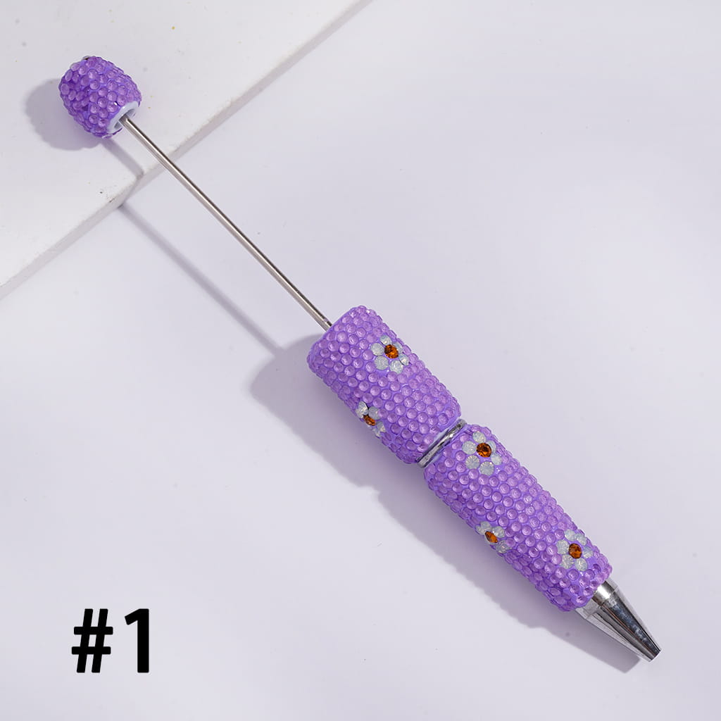 Beadable Clay Pens with White & Gold Flowers Shiny Rhinestones Covered the Entire Pen, Fluorescence Colors