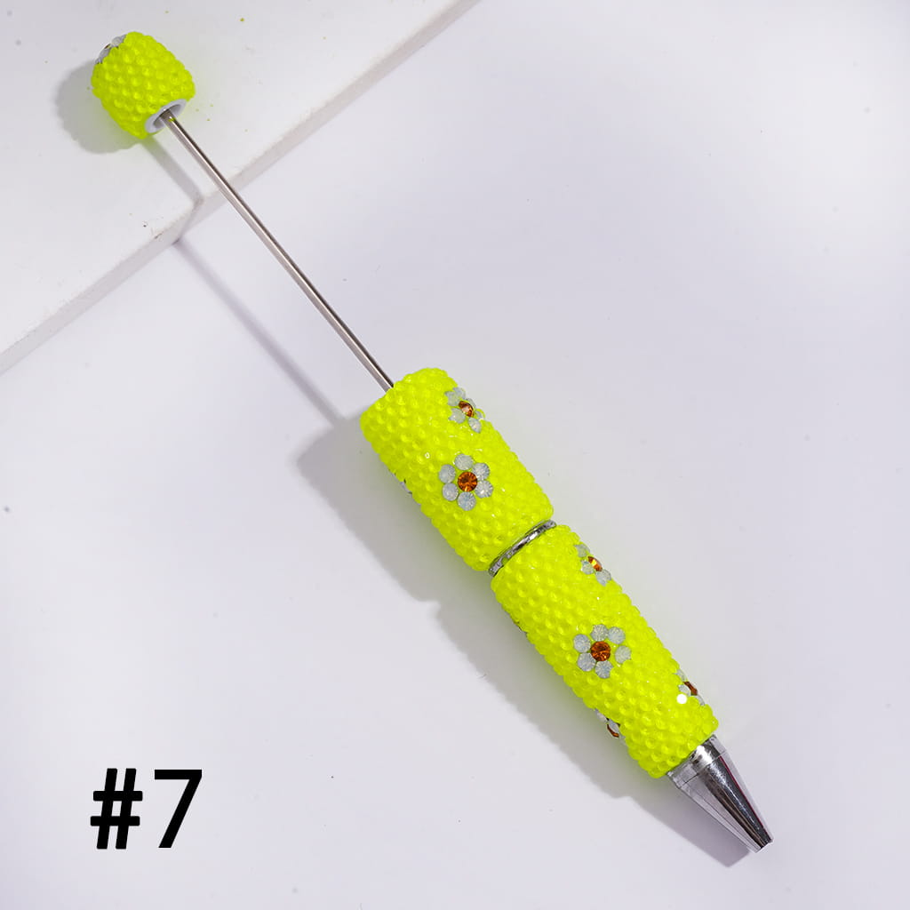 Beadable Clay Pens with White & Gold Flowers Shiny Rhinestones Covered the Entire Pen, Fluorescence Colors