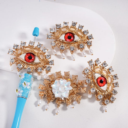 Fancy Gold Alloy Evil Eye Pendant Beads Clear Rhinestones, White Pearls, with Heart, Butterfly & Snowflake Charms Clay Beads