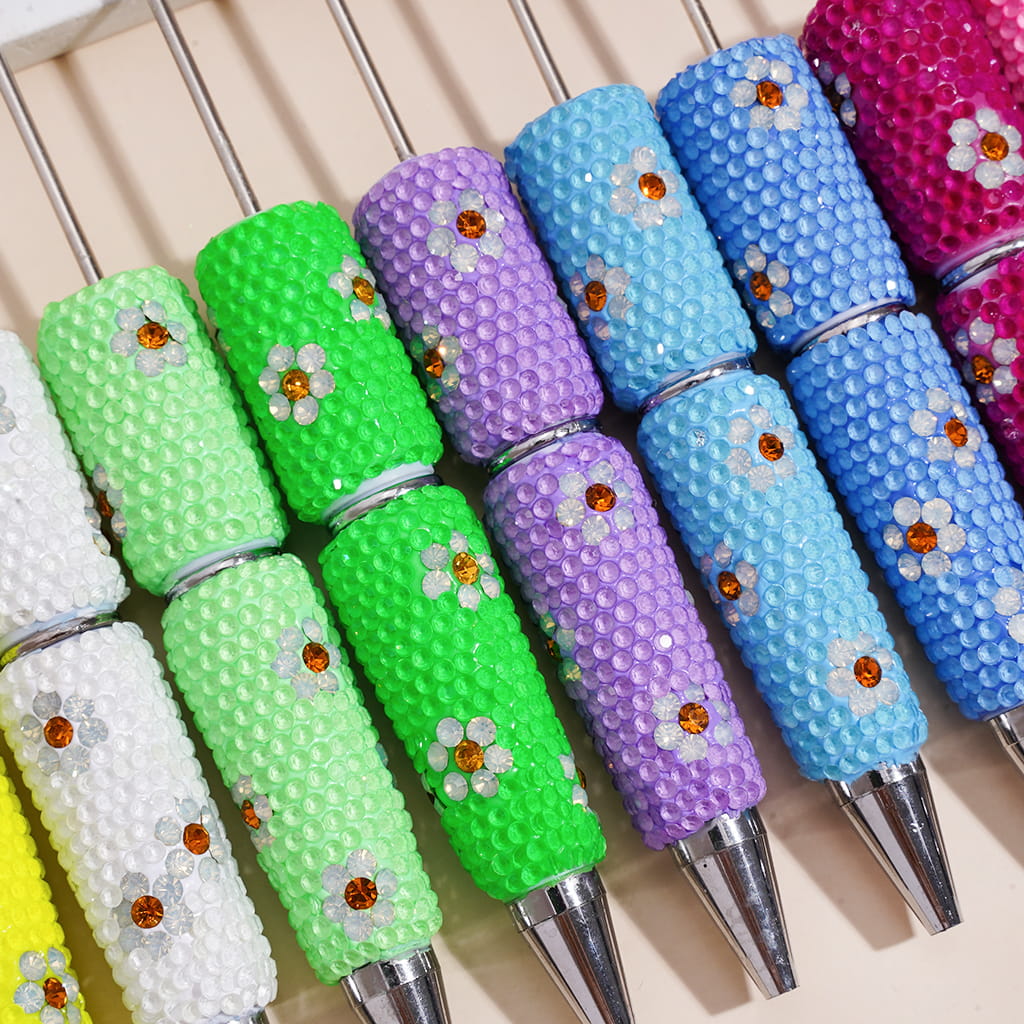 Beadable Clay Pens with White & Gold Flowers Shiny Rhinestones Covered the Entire Pen, Fluorescence Colors