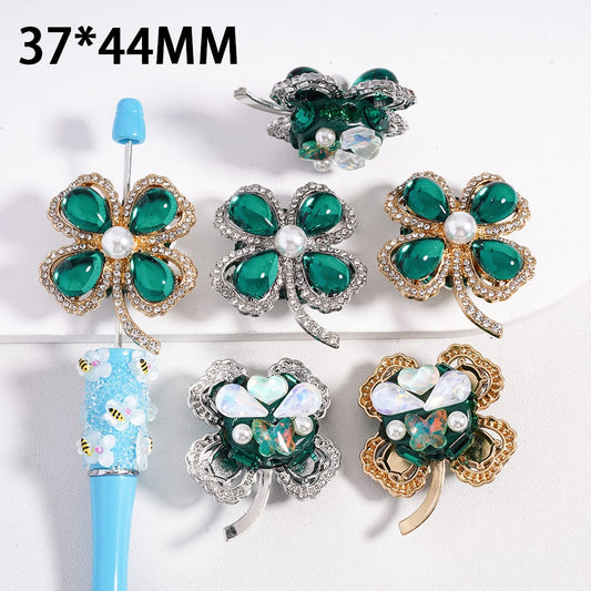 Gold & Silver Alloy Four-Leaf Clover Charm Green Water-Drop Cute Heart Butterfly Crystal Clear Rhinestones & White Pearls Clay Beads, 37*44MM