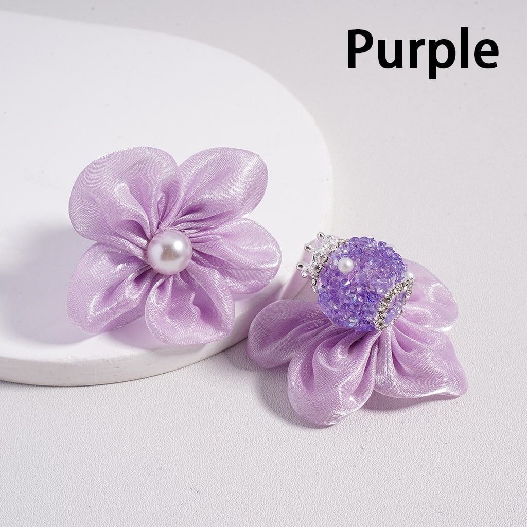Sugar Silver Crown, Fabric Flowers Pearls & Rhinestone Accents with Chain Detail Acrylic Beads