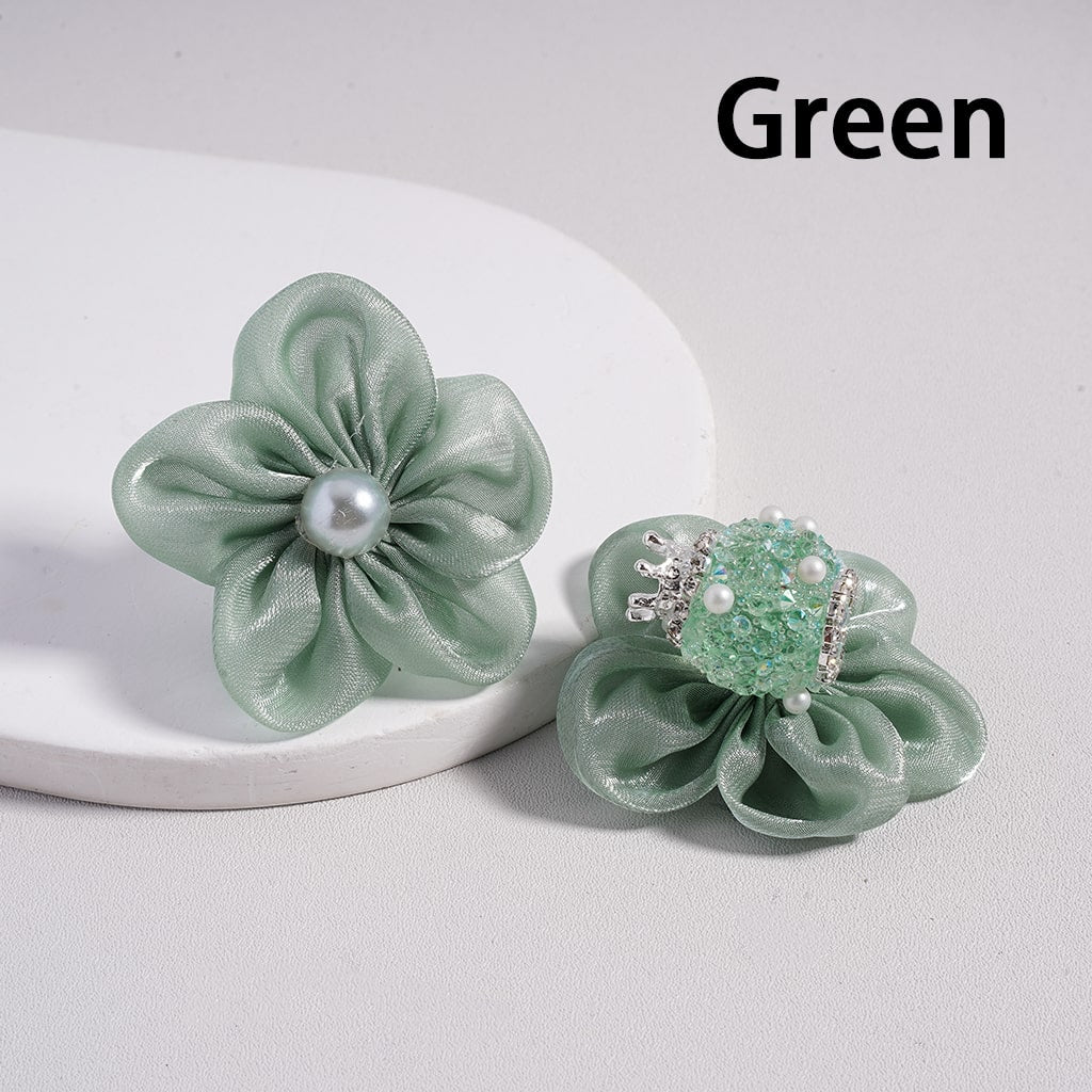 Sugar Silver Crown, Fabric Flowers Pearls & Rhinestone Accents with Chain Detail Acrylic Beads