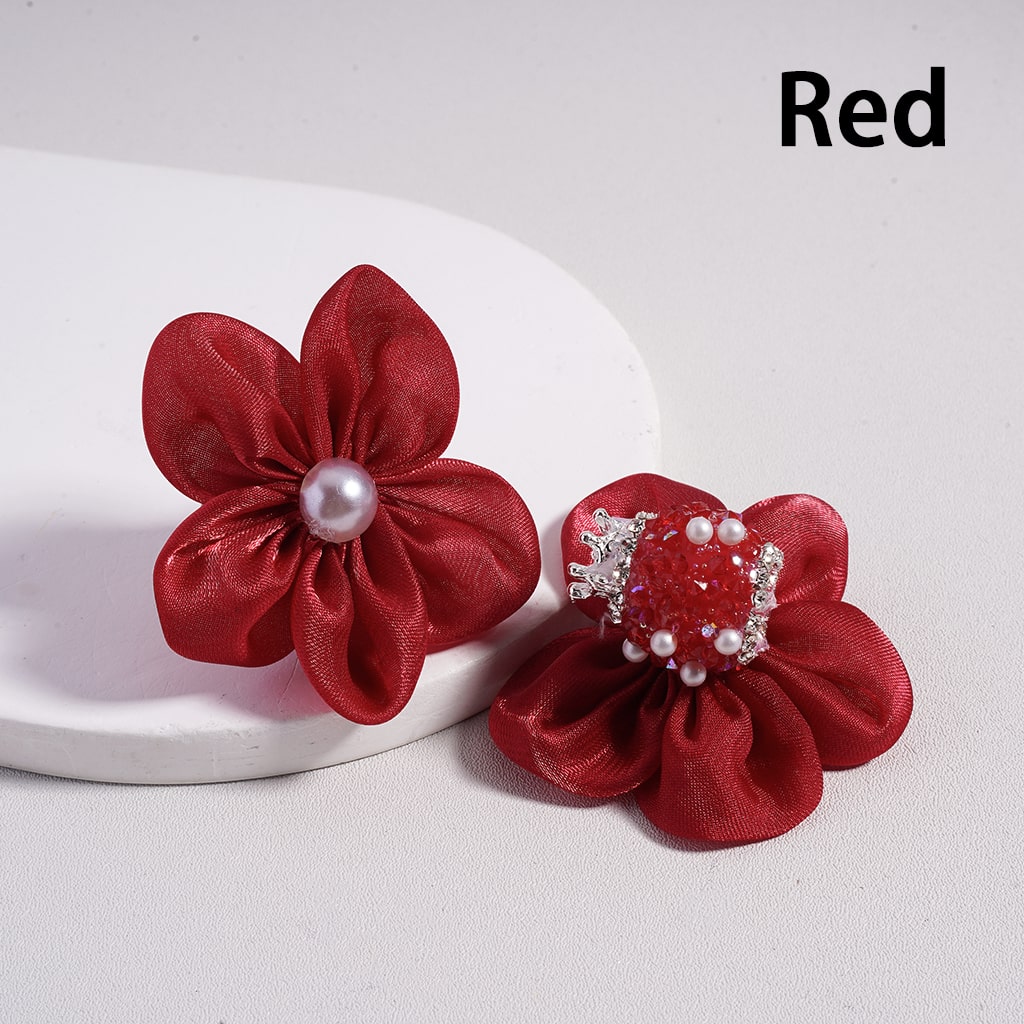 Sugar Silver Crown, Fabric Flowers Pearls & Rhinestone Accents with Chain Detail Acrylic Beads