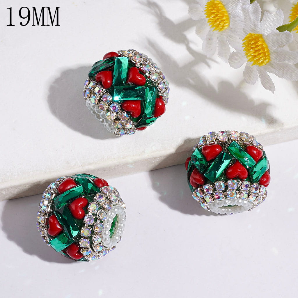 Hand-Made Acrylic Beads w Green Rectangle & Red Heart Rhinestones, AB Rhinestones & White Pearl Chains on Green Background, 19MM