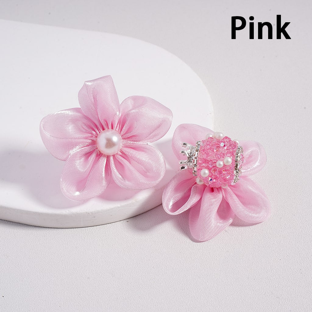 Sugar Silver Crown, Fabric Flowers Pearls & Rhinestone Accents with Chain Detail Acrylic Beads