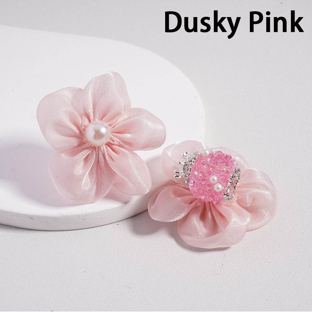 Sugar Silver Crown, Fabric Flowers Pearls & Rhinestone Accents with Chain Detail Acrylic Beads