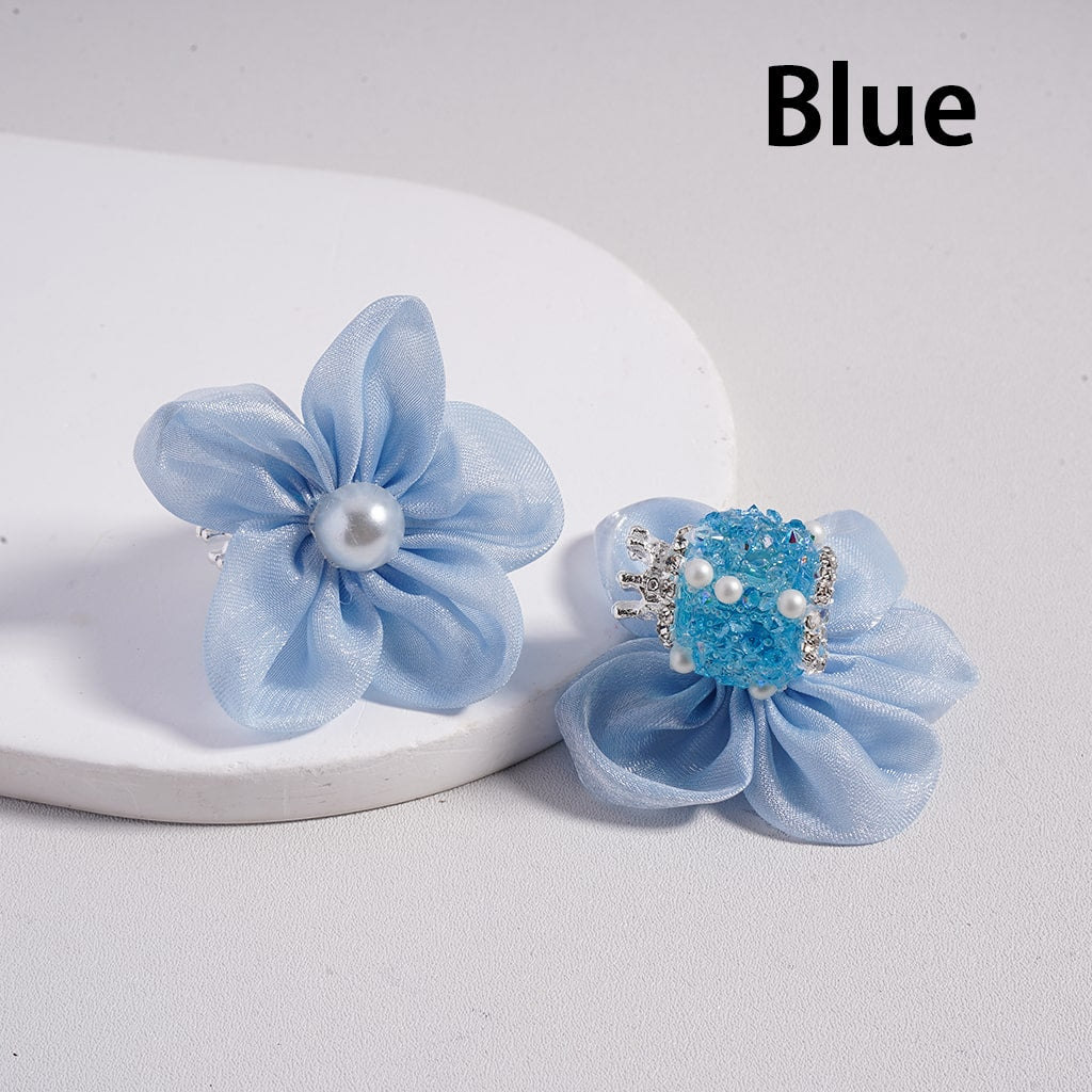 Sugar Silver Crown, Fabric Flowers Pearls & Rhinestone Accents with Chain Detail Acrylic Beads