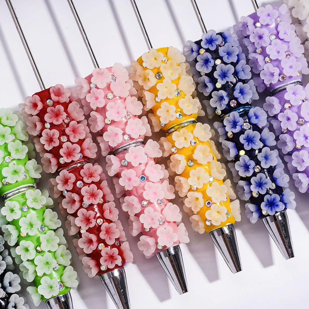 Beadable Clay Pens with Matte White Flowers in Foggy Effect and AB Rhinestones, Multi-Color, Random Mix
