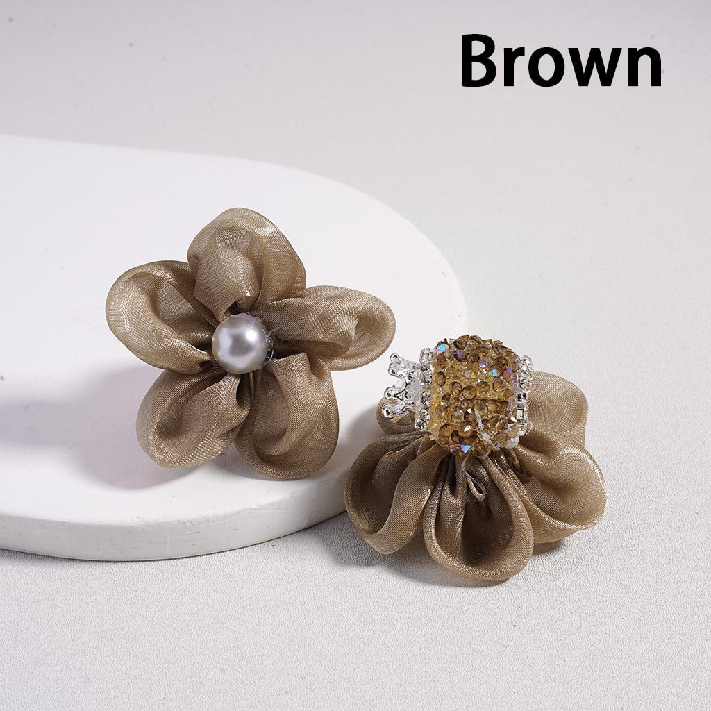Sugar Silver Crown, Fabric Flowers Pearls & Rhinestone Accents with Chain Detail Acrylic Beads