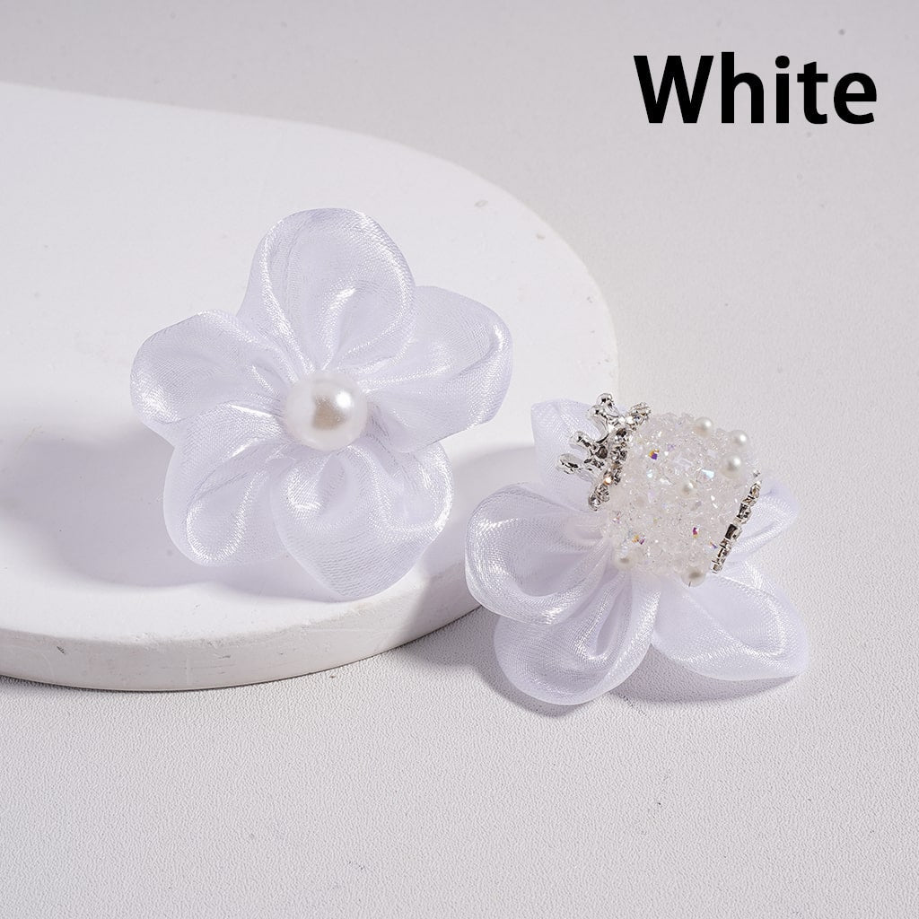 Sugar Silver Crown, Fabric Flowers Pearls & Rhinestone Accents with Chain Detail Acrylic Beads