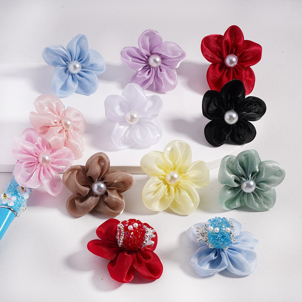 Sugar Silver Crown, Fabric Flowers Pearls & Rhinestone Accents with Chain Detail Acrylic Beads