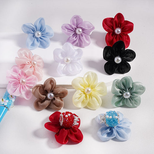 Sugar Silver Crown, Fabric Flowers Pearls & Rhinestone Accents with Chain Detail Acrylic Beads