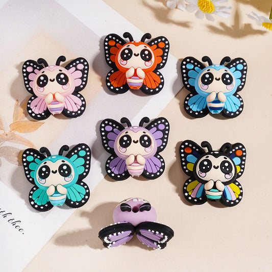 3D Big-Eyed Cute Butterfly Character with Colorful Wing Design Silicone Focal Beads, Various Colors, Random Mix