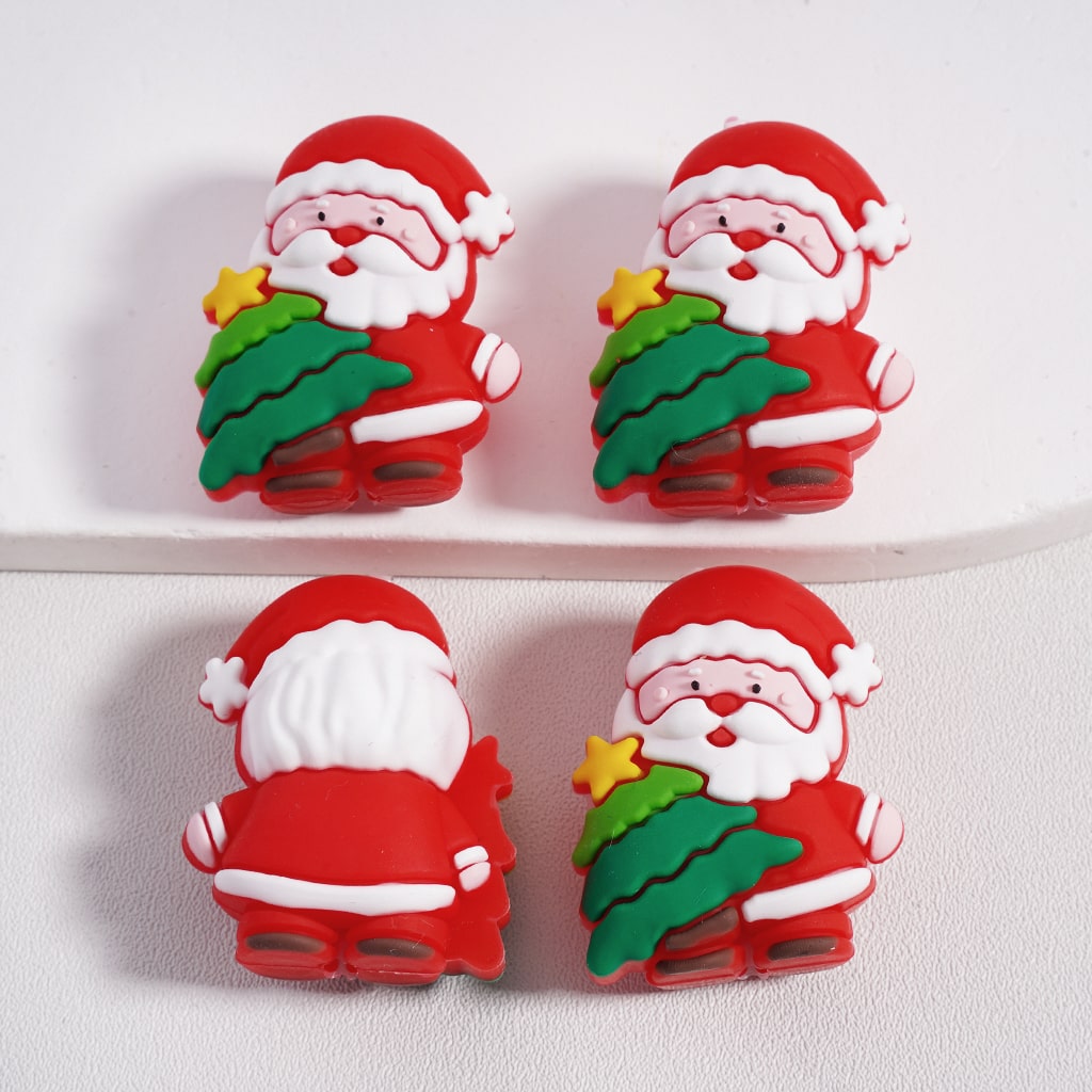 3D Santa Claus Cute Father Christmas Holding Christmas Tree Silicone Focal Bead