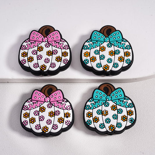 Cute Pumpkin with Bowknot & Mini Flowers, Halloween Theme Silicone Focal Beads